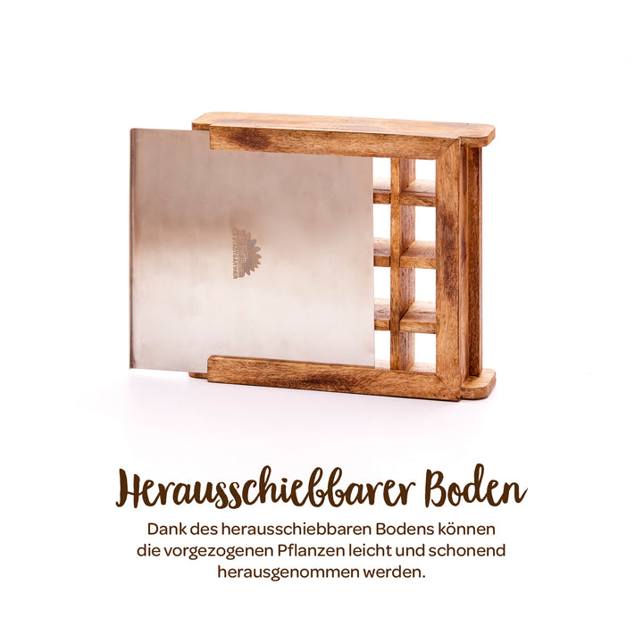 Holzkasten mit herausziehbarem Metallboden, geeignet zum schonenden Herausnehmen von Pflanzen.