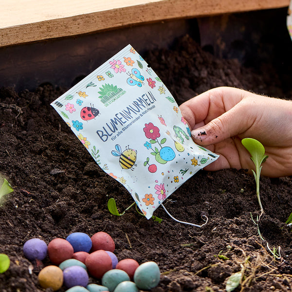 Eine Hand hält eine bunte Tüte mit Blumensamen über ein Beet, daneben liegen verschiedene bunte Samenbomben auf der Erde.