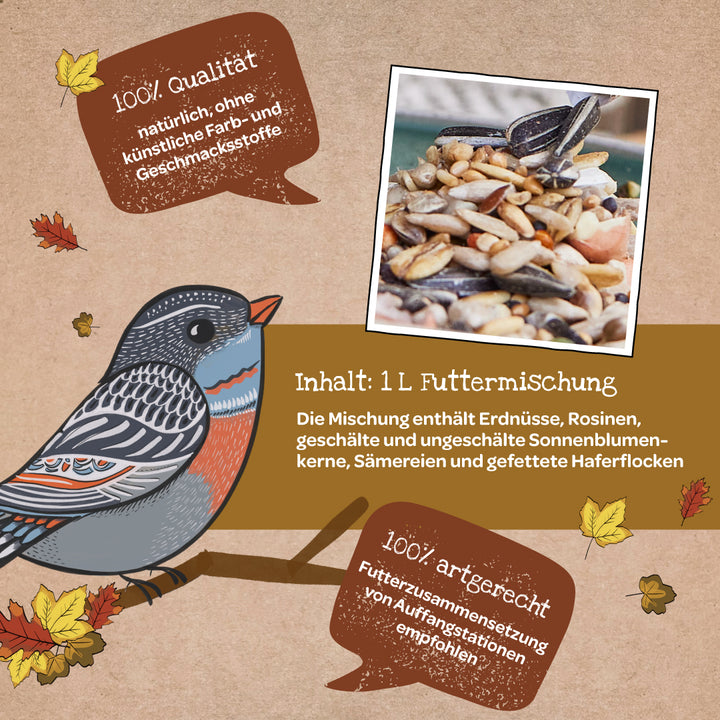 Illustration eines Vogels mit Herbstblättern, daneben ein Foto von gemischtem Vogelfutter und Infotext zur Qualität und Zusammensetzung des Futters in deutscher Sprache.