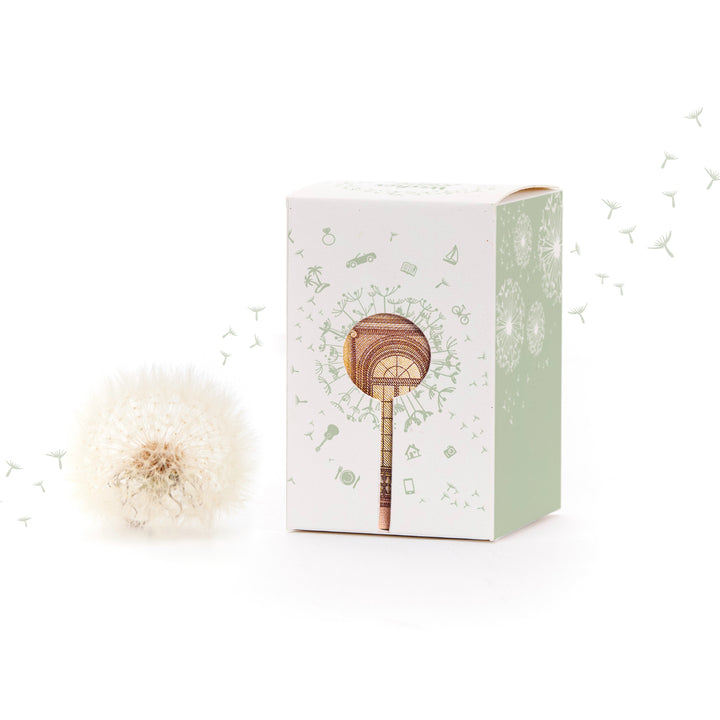 Löwenzahnblume neben einer dekorativen Verpackung mit Löwenzahnmotiv und kleinen Symbolen.