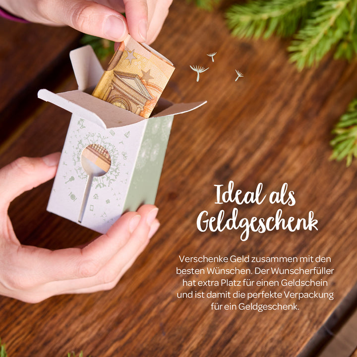 Hände stecken einen gefalteten Geldschein in eine kleine Geschenkbox aus Papier, daneben Text "Ideal als Geldgeschenk" auf einem Holztisch mit Tannenzweigen.