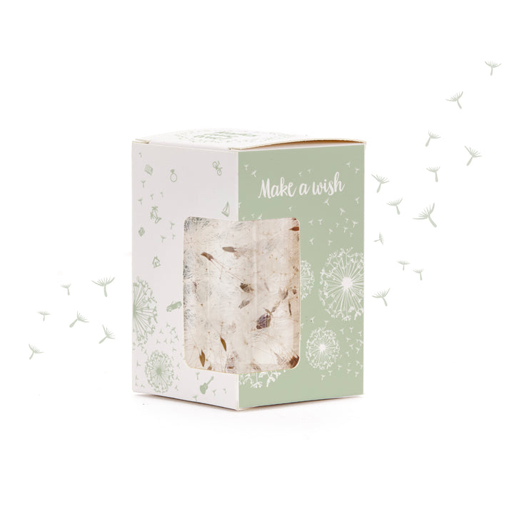 Geschenkbox mit Pusteblumen-Motiv und dem Schriftzug "Make a wish" auf hellgrünem Hintergrund.