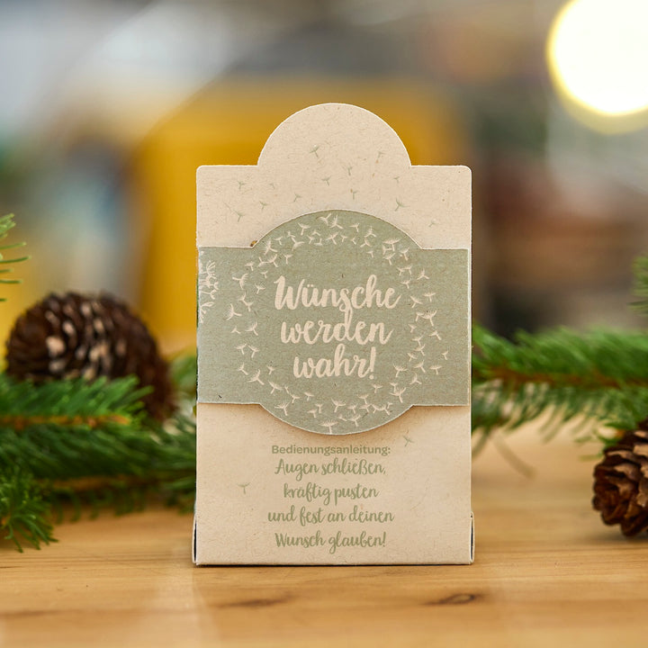 Kleine Geschenkverpackung mit der Aufschrift "Wünsche werden wahr!", dekoriert mit Pusteblumenmuster, im Hintergrund Tannenzweige und Zapfen.